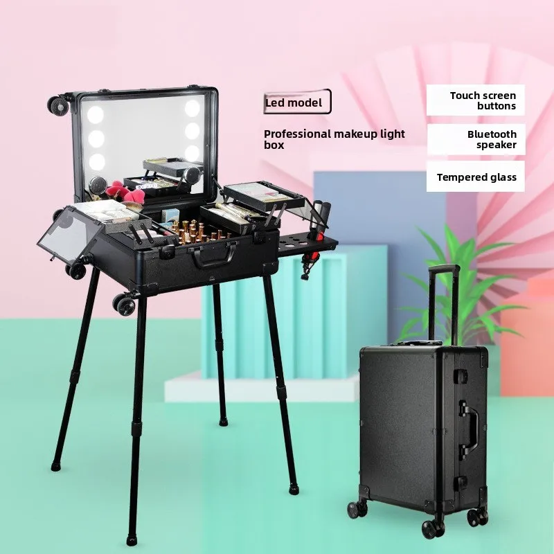 Makeup Artist Professional Fireproof Waterproof Board Cosmetic Case Follow Makeup Artist with Lamp Bracket Bridal Trolley Case