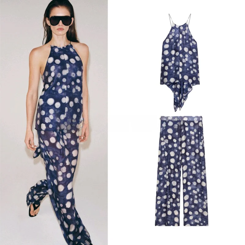 

Summer New Polka Dot Women's Suit Set Sleeveless Long Pants Midi Waist Transparent Fashionable Two-Piece Ensemble for Women