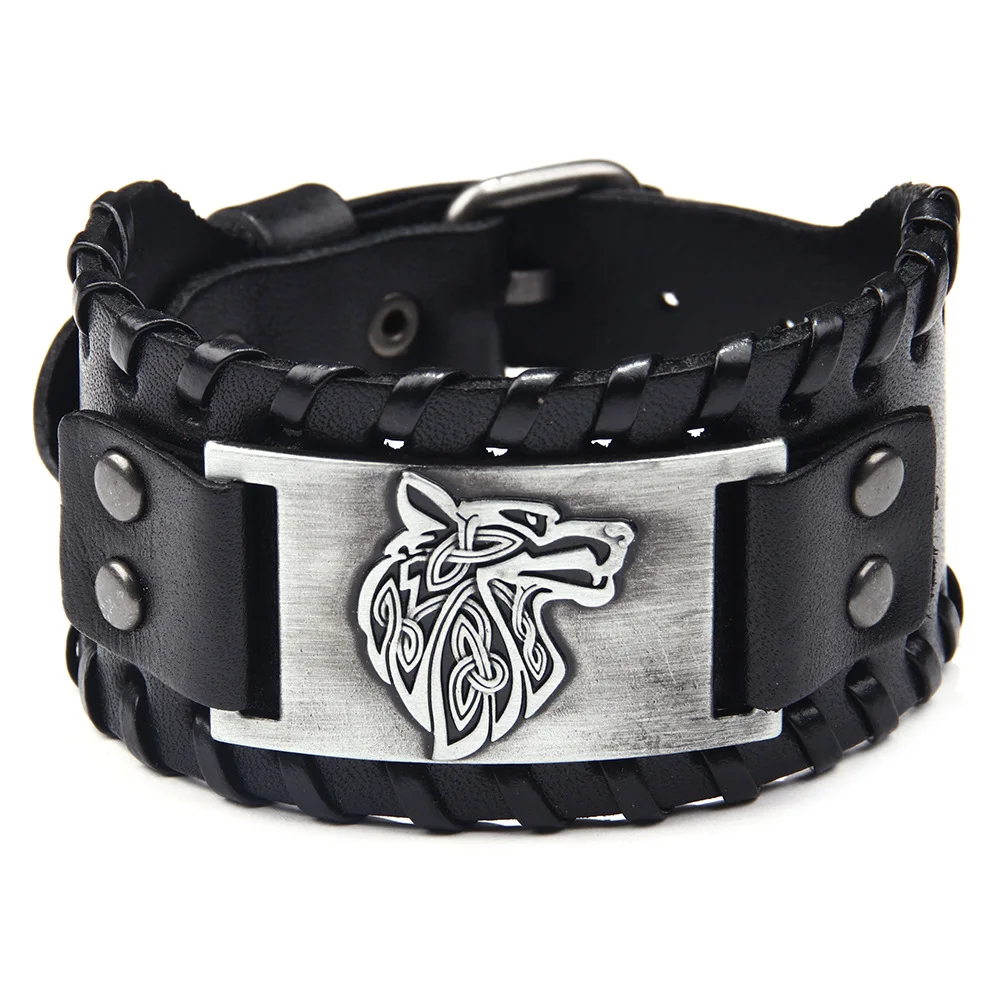 Vintage Wide Leather Woven Wolf Head Bracelet for Men Celtic Viking Compass Bracelet Jewelry Male Accessories Gifts To Boyfriend