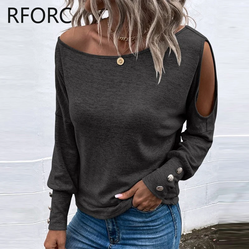 2024  Women Chic Solid One Shoulder Off Button Decoration Long Sleeves Loose Fit Blouse Tops