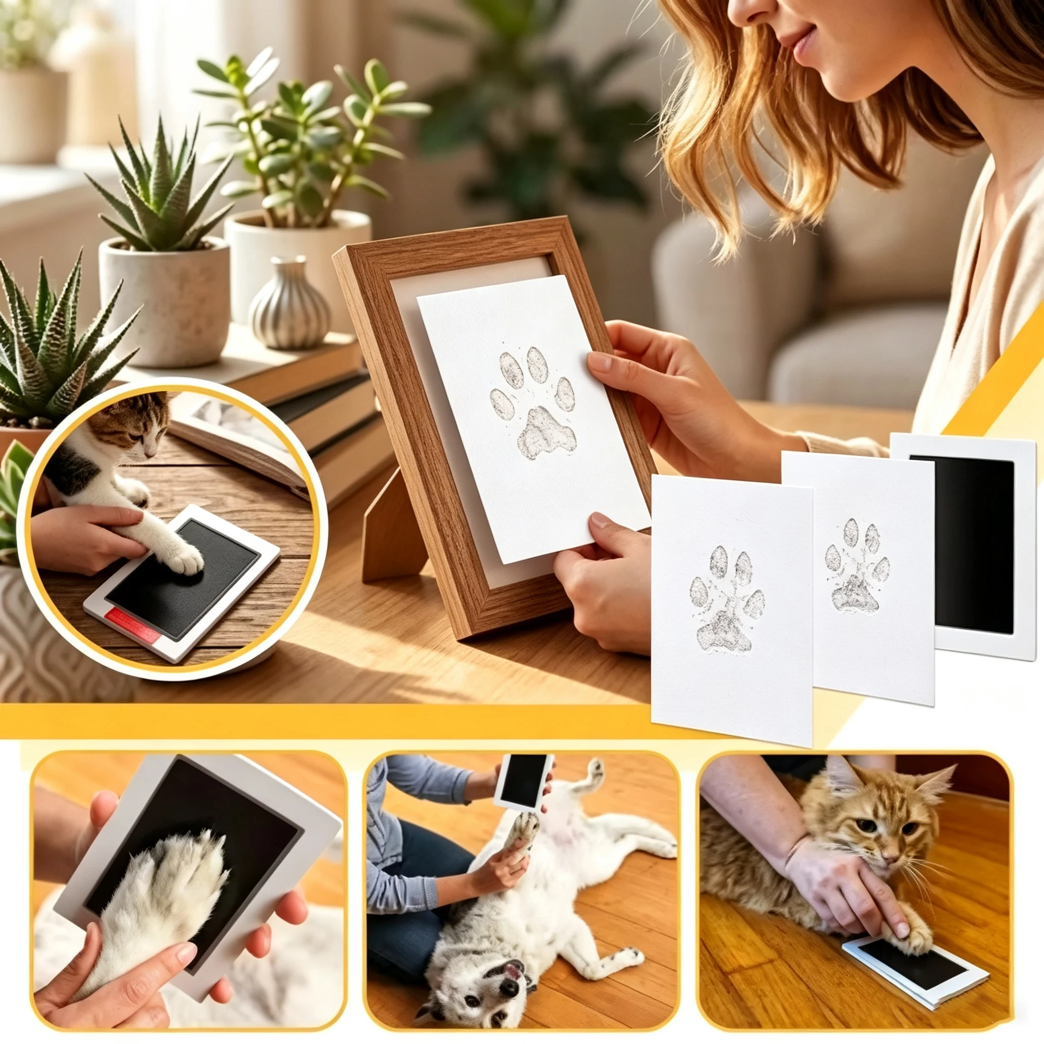 Multi-use Pet Paw Print Ink Pad Kit DIY Footprint Keepsake with Frame & Photo Album for Puppies Kittens Cats Dogs