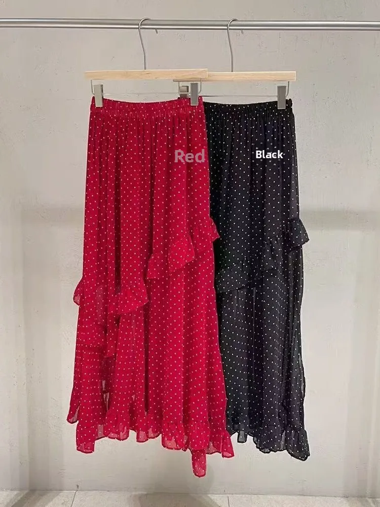

Красная юбка А-силуэта в горошек с асимметричным подолом и разрезом, с завышенной талией, женская летняя длинная юбка, миди-юбка Floa, женские юбки