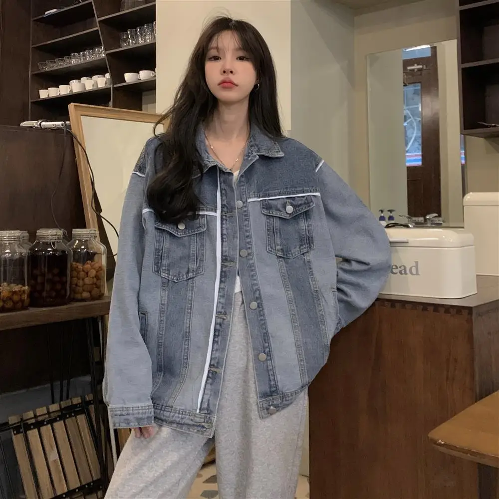 

Ladies Denim Jackets For Woman Jaqueta Minimalist Liner Fluffy Double-Breasted Party Decorative Advanced Wearing Lace Shearling