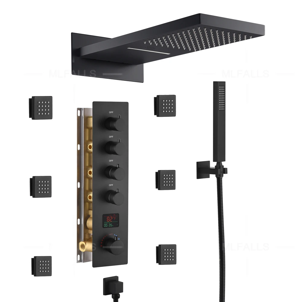 

Black Rainfall Waterfall Bathroom Shower System 3 Functions Thermostatic Shower Mixer Combo
