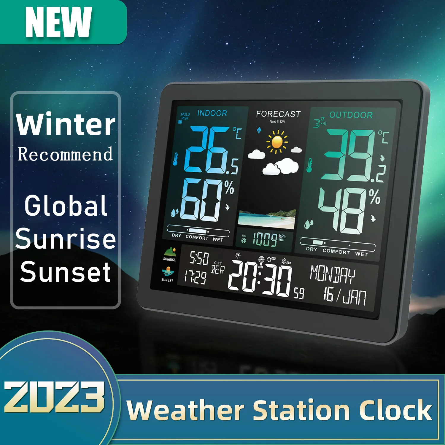 NEW Digital Weather Station Clock Temperature Humidity Meter Barometric Pressure Moon Phase Weather Forecast Hygrothermograph