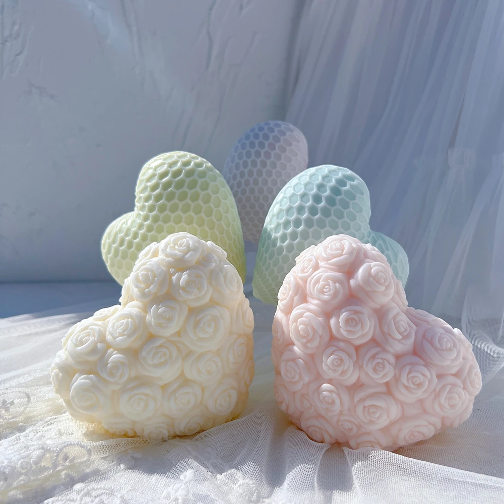 Honeycomb Standing Heart Shaped Candle Mold Valentine\'s Day Gift idea Rose Floral Silicone Mold Home Decor Wedding Gift