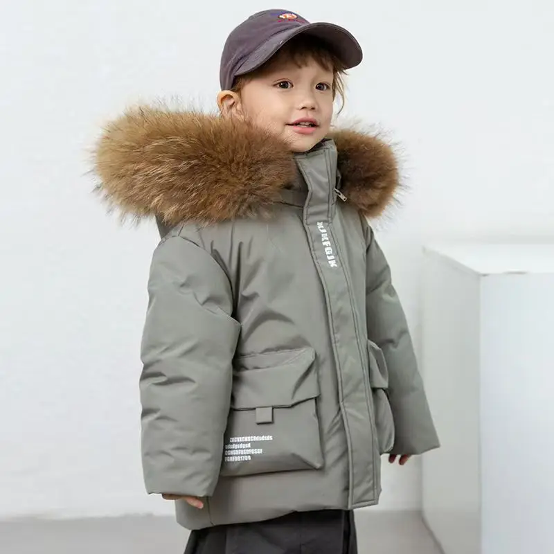 

Children's Genuine Down Jacket Kids Large Fur Collar Thickened Boys Girls Warm Jacket Teenagers Winter Coat 100-140CM