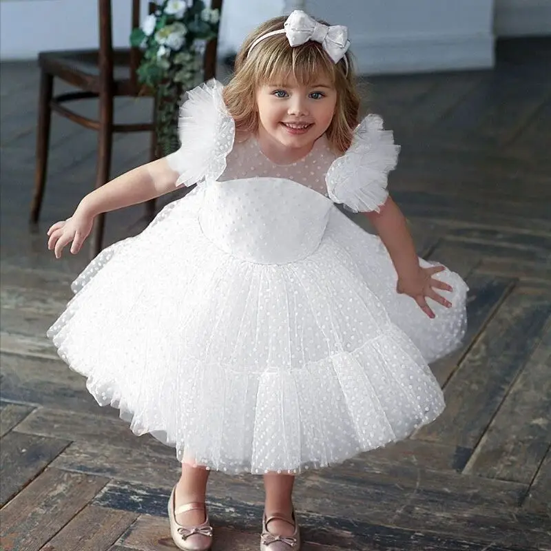 

Simple O-neck Cap Sleeves Flower Girl Dress Blue Kid's Party Dresses A-line Dot Tulle First Holy Communion Gown