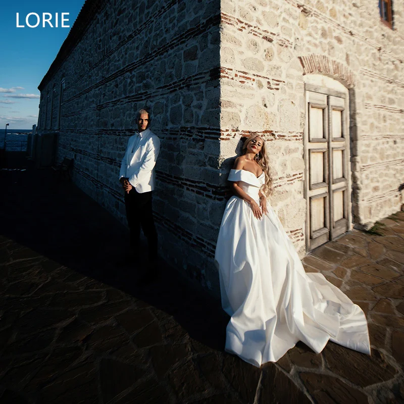 

LORIE Elegant Satin Lvory Wedding Dresses A-Line Off The Shoulder Bride Prom Gown Simple Pleated Chic Bridal Gowns Customized