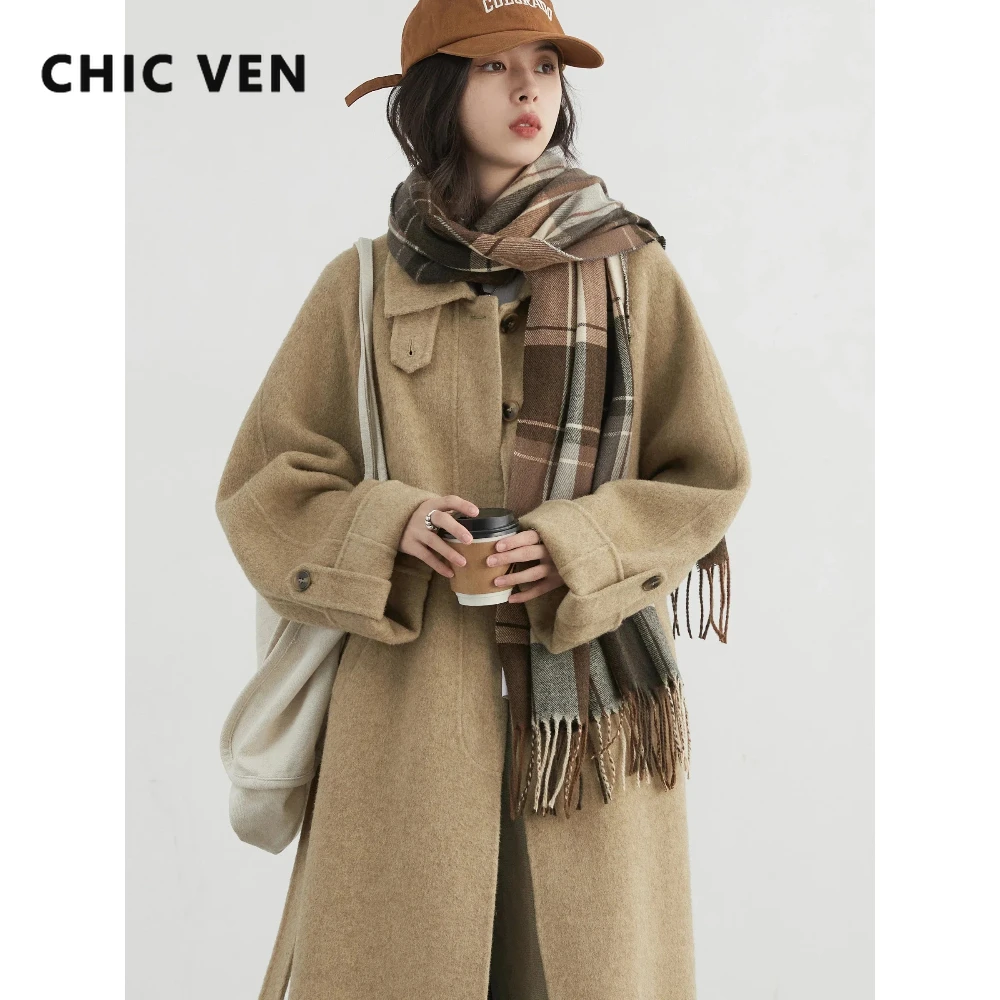 CHIC VEN Mode Frauen Lange Woolen Mantel Solide Lose Beiläufige Einreiher doppelseitige Damen Mantel Gürtel Herbst Winter 2024