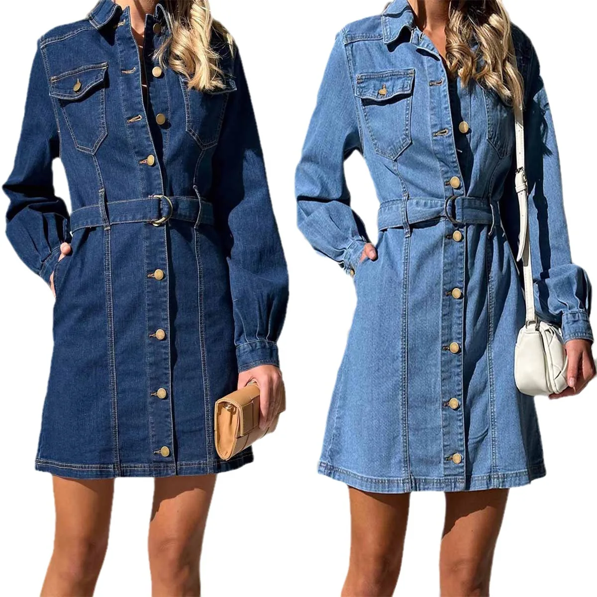 Streetwear Denim Kleid Frauen Vestidos Einreiher Drehen Unten Kragen 2024 Herbst Vintage Kleider Enge Taille Schärpen EINE Linie