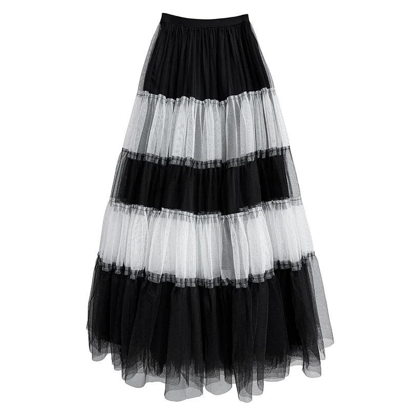 Saia oversized de cintura alta com chiffon solto, emaecimento, bloco de cores, estilo de rua, verão, nova chegada, saia longa