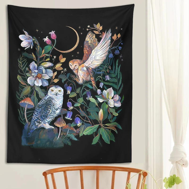 Owls Night Garden Tapestry Wall Hanging Psychedelic Mushroom Magic Plant Flower Moon Tapestries Bedroom Drom Home Decor Art