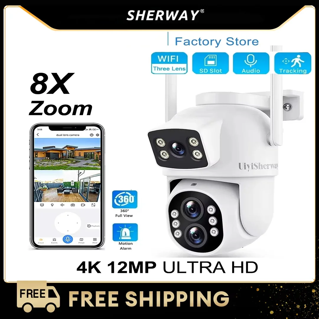 

4K WiFi Outdoor Camera-12MP Resolution, Triple Lens, Dual Screens, Auto-Tracking CCTV Surveillance Camera for Enhanced Security