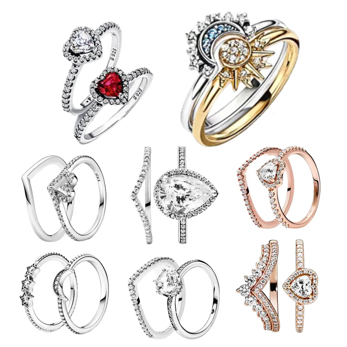 New Hot 925 Silver Crown Sparkling Rings Sun Moon Celestial Wishbone Women's Set Ring Wedding Diy Charm Luxury DIY Jewelry Gift