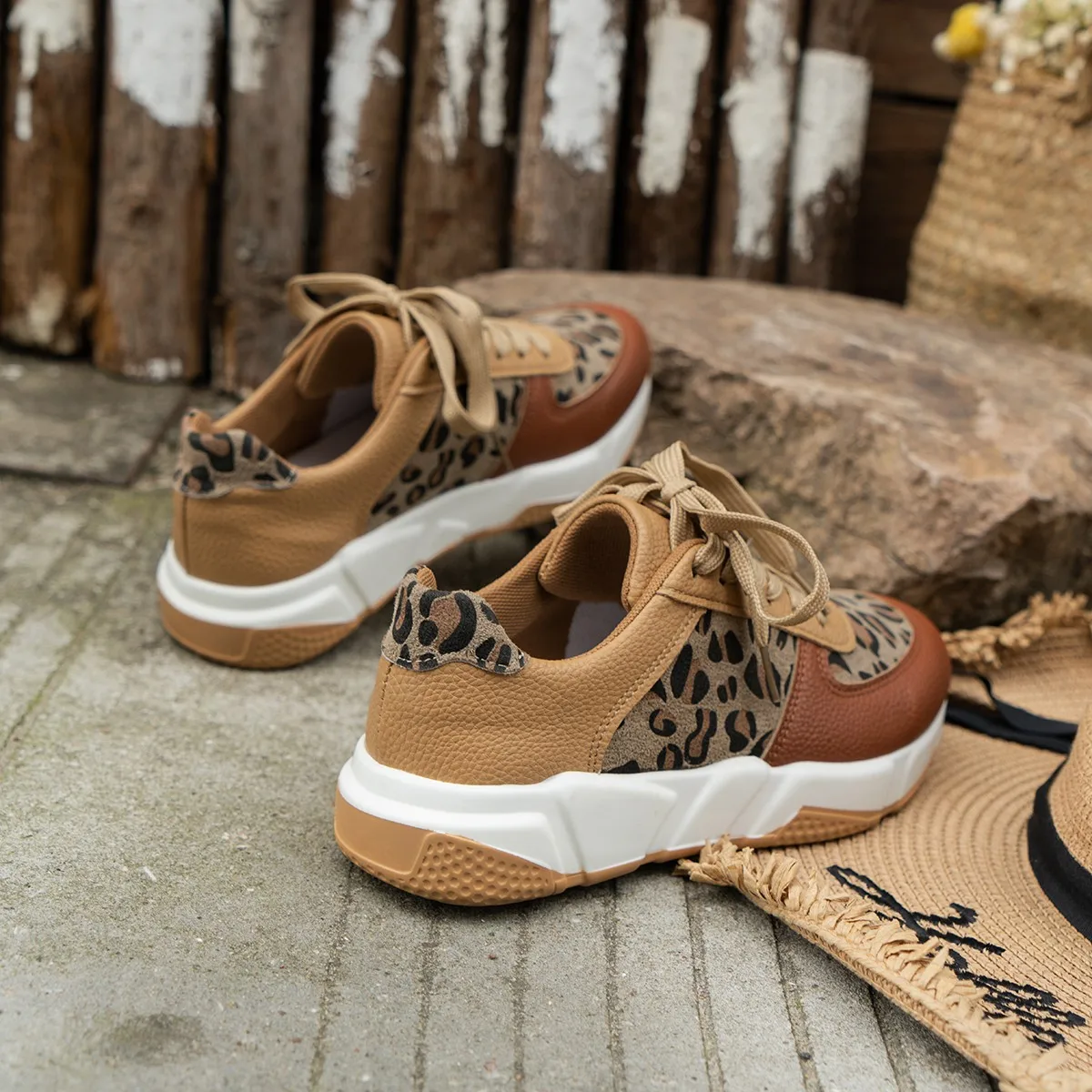 Platform Sneakers Women 2023 Round Toe Low-top Leopard Wedge Shoes Women\'s Lace Up Socofy Casual Sports Shoes Size 36-43