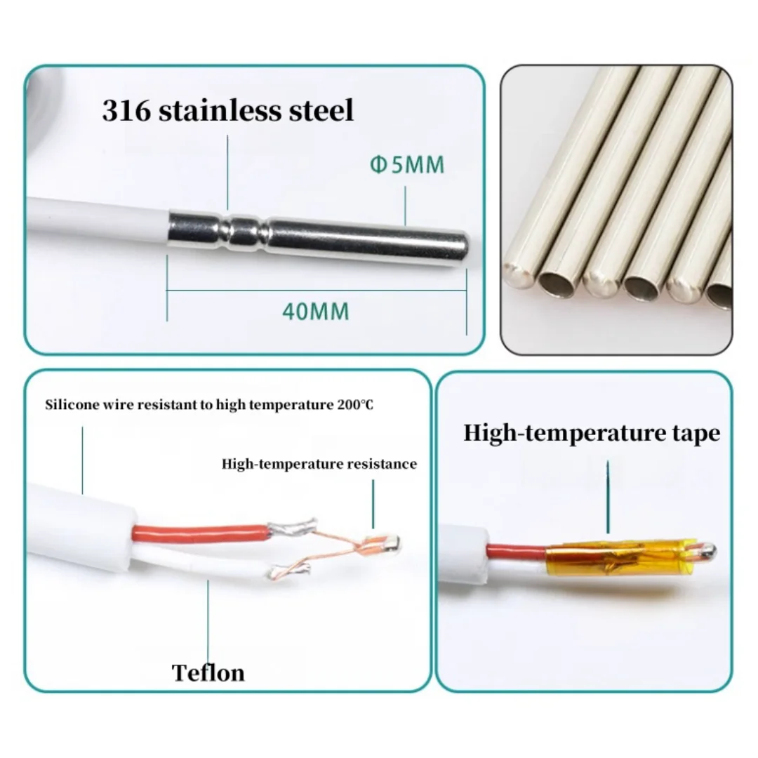 TZW NTC 10K 5x40mm Double track roller waterproof temperature probe Silicone wire Temperature resistance 200 degrees B3950 1% 1M