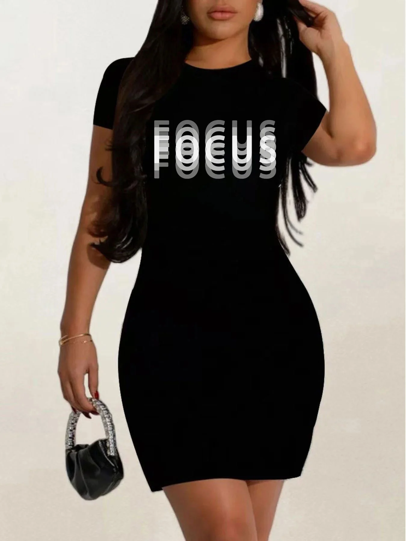 Robe t-shirt noire à manches courtes pour femmes, tenue décontractée avec graphique, col rond, coupe ample, printemps et été, été