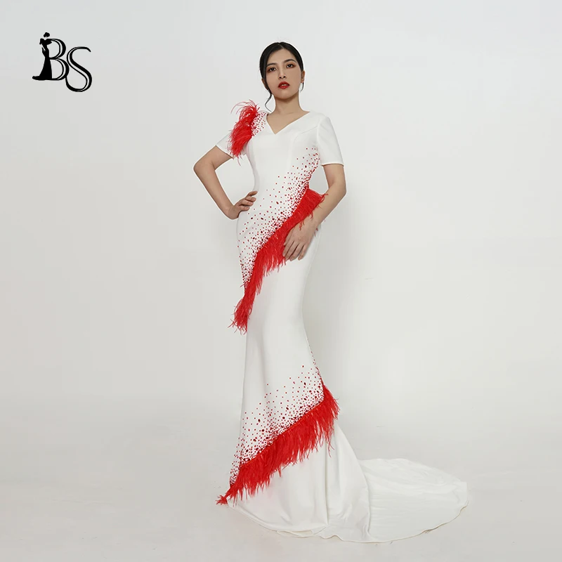 Baisha Evening Luxury Dress 2024 New Beaded Short Sleeve Skirts With Feather Women Clothing For Gala Formal Occasions H845