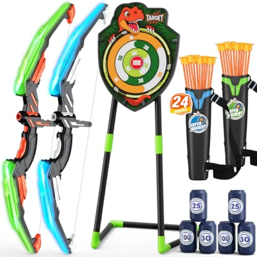 Juego de 2 arcos y flechas LED con iluminación, 24 flechas con ventosas, 1 objetivo de pie, 6 objetivos de puntuación, 2 fundas para flechas, para interiores y exteriores