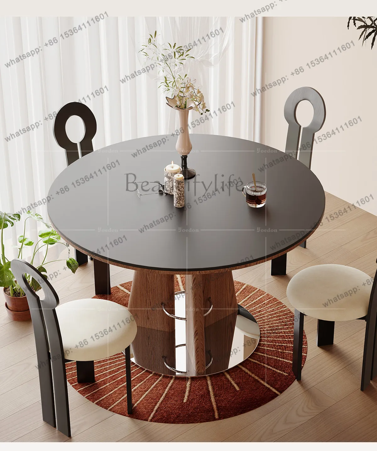 

Retro style ash wood travertine rock slab dining table creative medieval household 1.2 meters round table