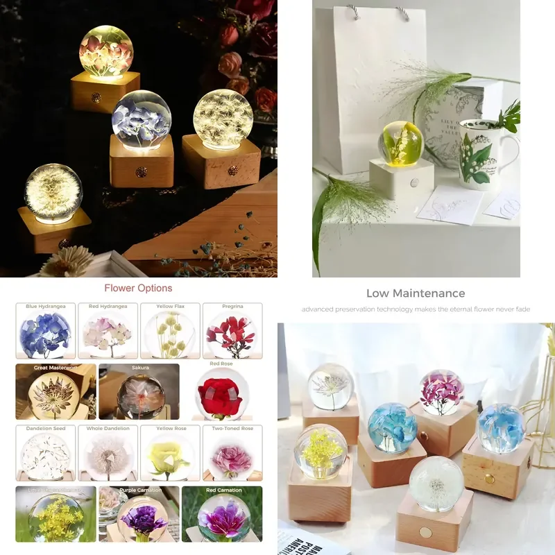 【CHIMU HOME】Crystal Wood Resin Flower Music Box With Warm Night Light Decorative Figurine For Christmas New Year Gift