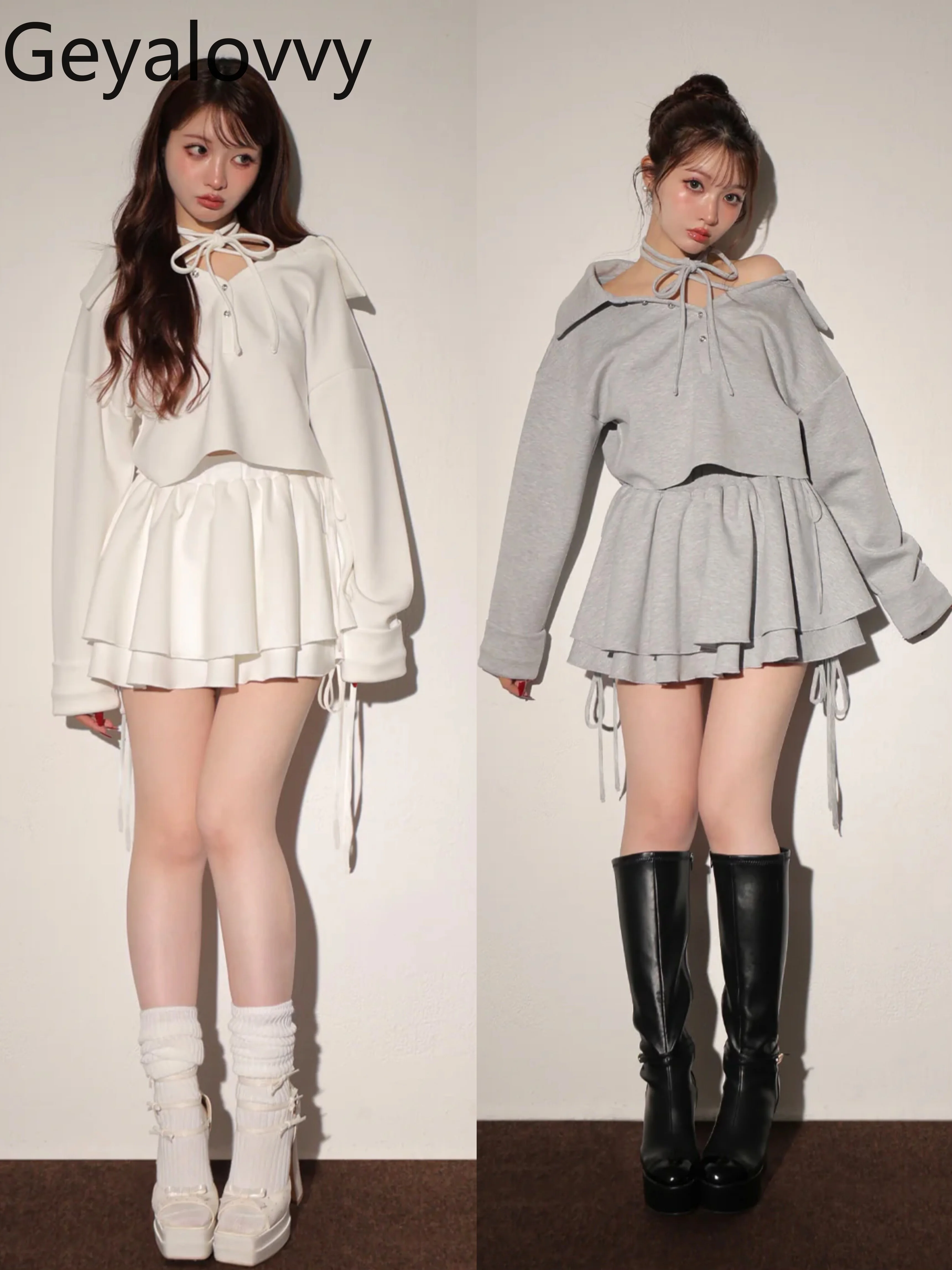 

casual Sweatshirt Set for Women Autumn Winter lady 2 piece sets japanese style Long Sleeve Top + High Waist Pleated Skirt suit