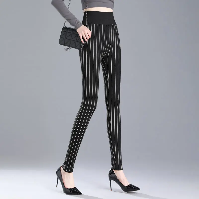 Autumn and Winter Women's New Patchwork High Waist Vertical Stripe Fashion Slimming Elastic Versatile Western Small Foot Pants