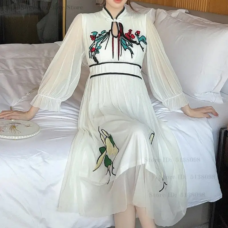 Retro Chinese Style Nightgown Loungewear Elegant Women's Sleepwear Home Dress Spring Summer New Long Sleeve Nightdress Nightwear