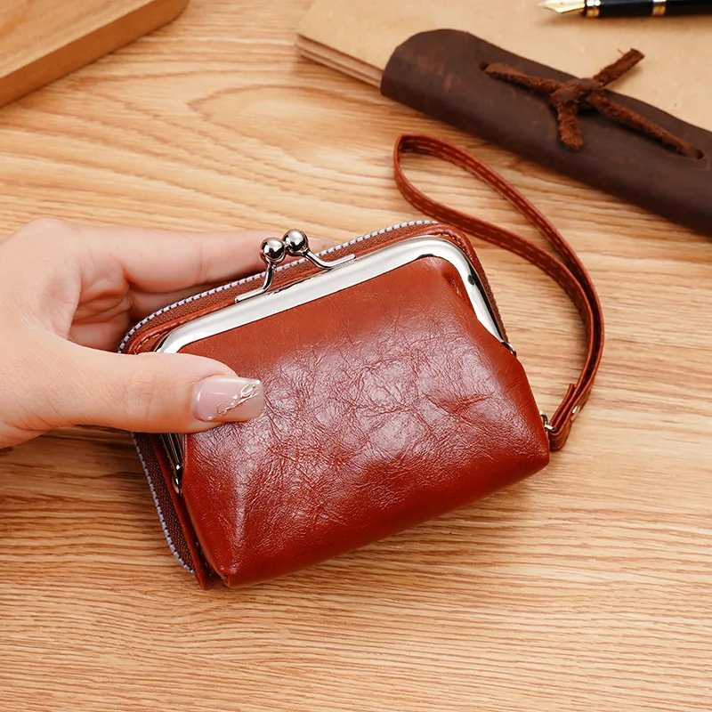 Vintage Women Card Holder Wallet Small Clutch Bag with Lanyard Large Capacity Ladies Leather Zipper Multi Card Slot Coin Purse