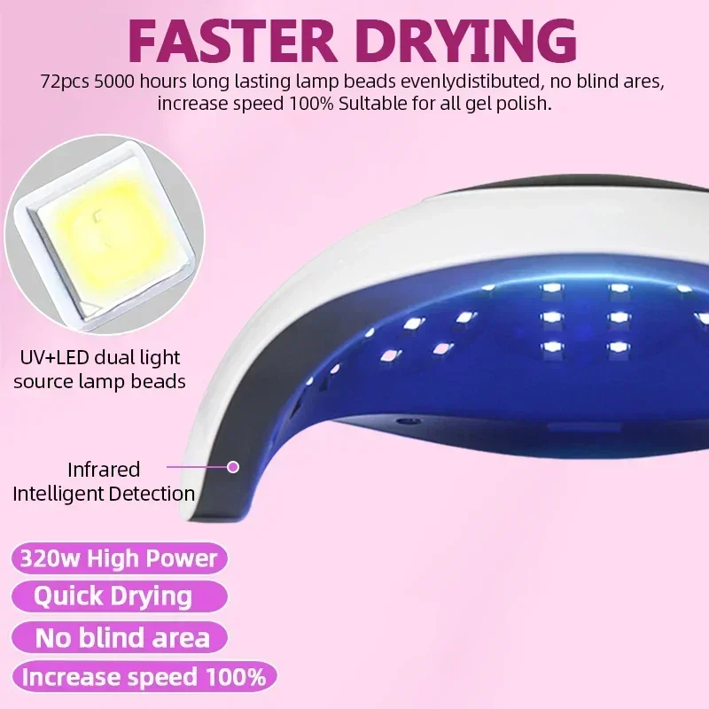 新型320Wネイルドライヤーランプ、72個のLED UV/LEDライト、スマートセンサー搭載、速乾ネイルドライヤーランプ、マニキュア・ペディキュアサロンツール