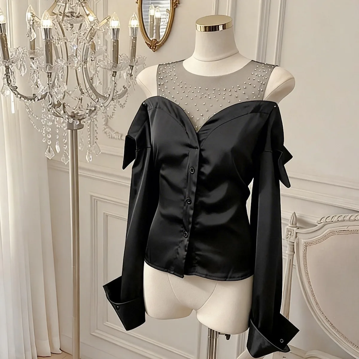 

Women's Long Sve Me irt with Hotfix Rhinestones One oulder Design Spring 2026 Faion Trend Straight Cut Soft Silk