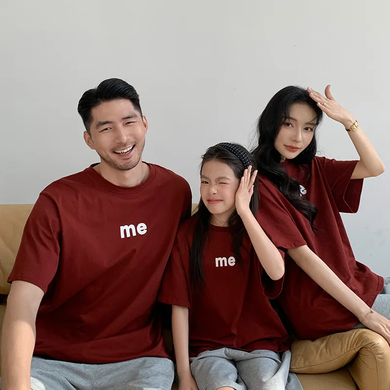 2026 Summer Family Matching T-shirts Letter Print Red Loose Short Sleeve Tops Mommy And Me Family Of 3 Soft Cotton Crew Neck Tee