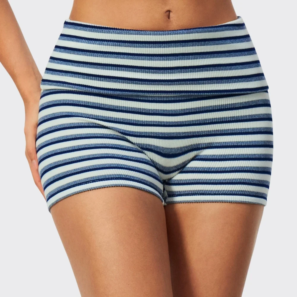 New Ribbed Striped Yoga Sports Shorts Women Fold Over Shorts Women's Cycling Slim Fit Workout Short Pants High Waist Leggings