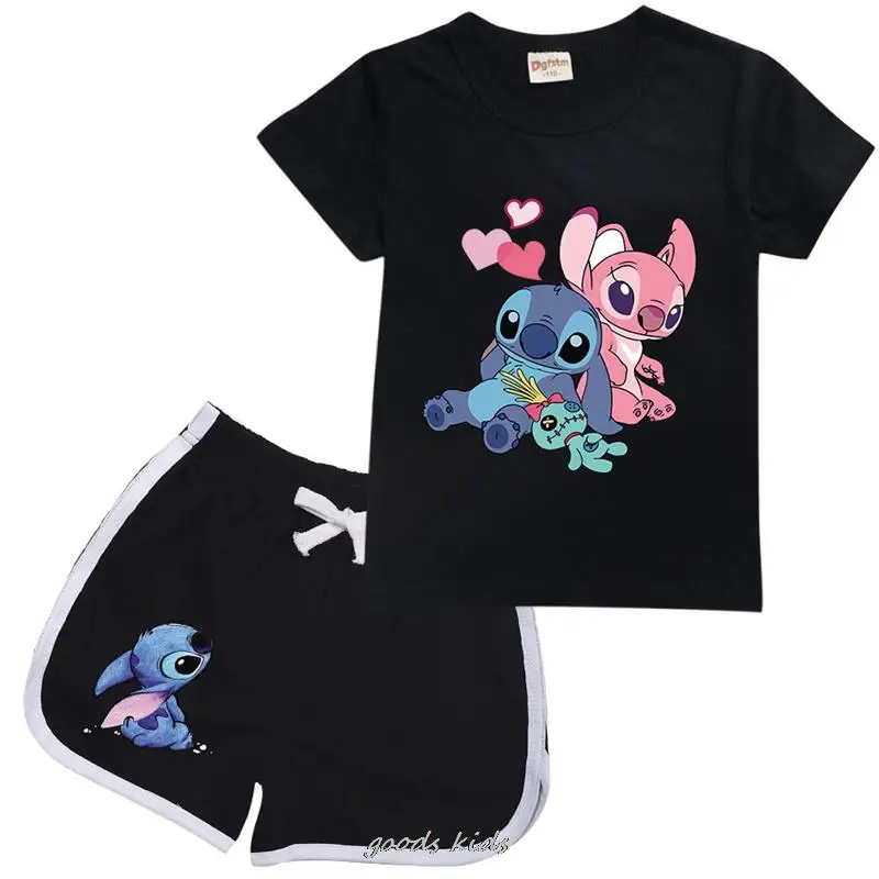 Lilo And Stitch t-shirt per bambini estate nuovi bambini abbigliamento per ragazze di cotone pantaloni a maniche corte per bambini vestito a due