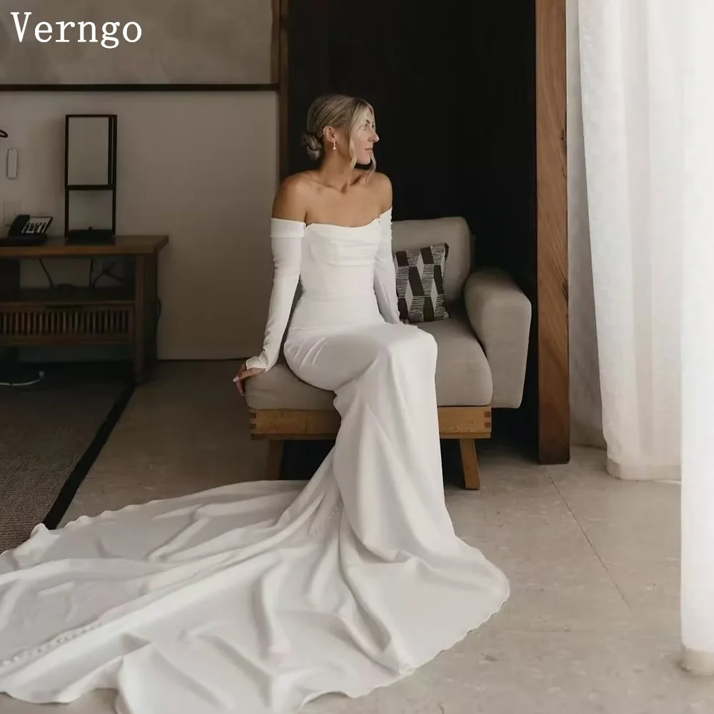 Verngo Simple Mermaid Wedding Dress Off The Shoulder Full Sleeves Bridal Gowns Women Modest Bride Dresses Customized