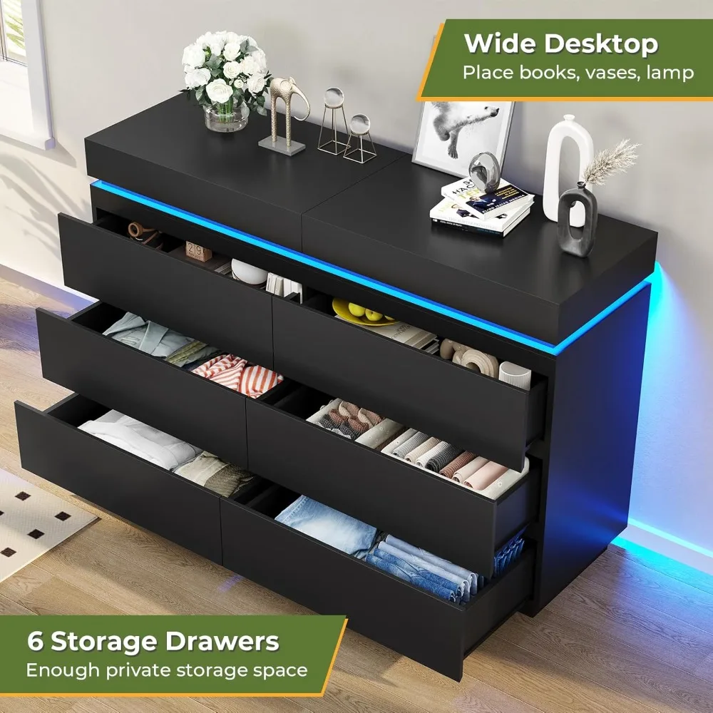 Modern 6 Drawer Dresser,Wide Chest of Drawers with Charging Station & LED Lights, Large Storage Tower Organizer