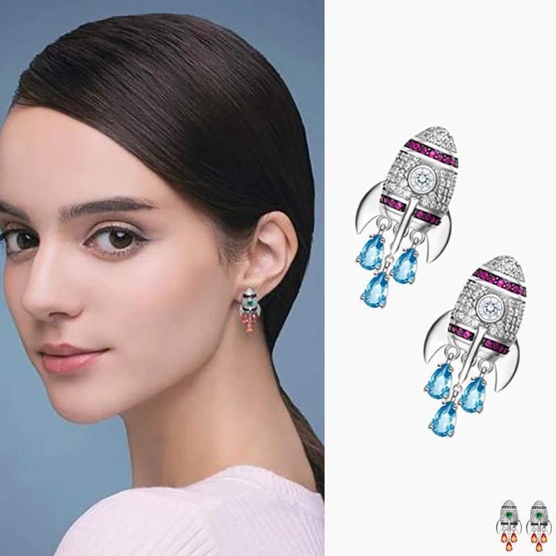 New Multicolor Small Rocket Stud Earrings Inlay Top Quality Cubic Zirconia Earings Fashion Jeweley For Punk Girl Gift AE305