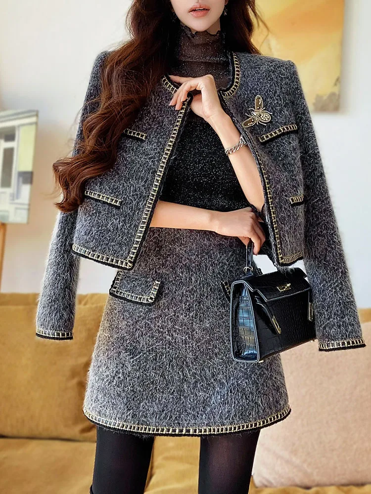 DABUWAWA Elegantes Vintage 2 Piece Sets Women Outfit Light Weight Fancy Suiting Short Jacket Empire Skirt Y2K DA1CSE038