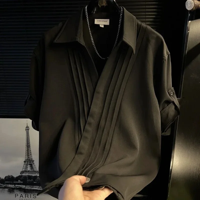 Fashion Men Lapel Cross‑Over Shirt Pleated Detail Roll‑Up Sleeve Loose Draped Casual Summer Blouse