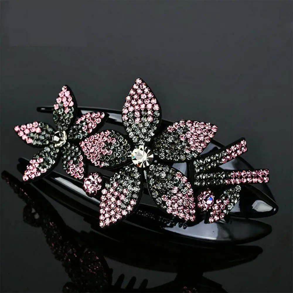 

Hair Claw Hair Dovetail Clip Women Rhinestone Flexible Durable Double Flower Hair Clip