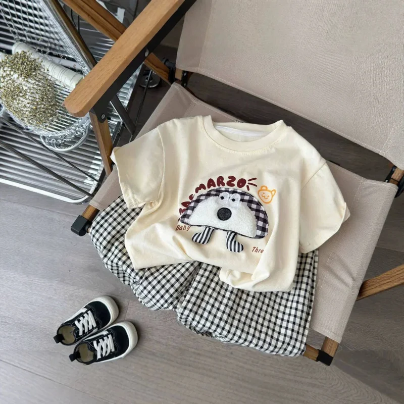Children's plaid pants set, new summer trendy brand for toddlers, cute cartoon short-sleeve for boys and girlsTShirt Trendy