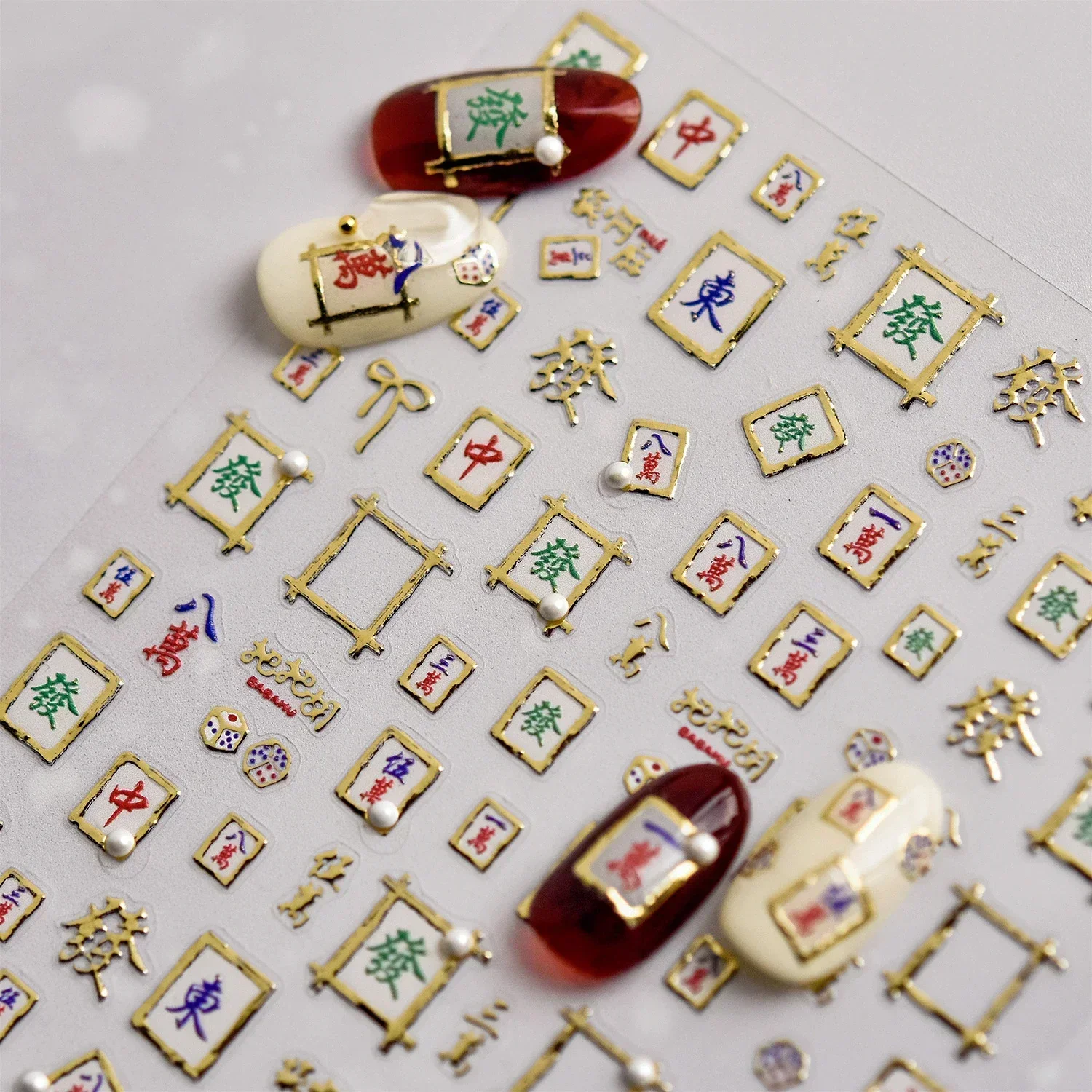 Mahjong Nail Art Stickers Hot Stamping Pearl Get Rich Winning Card Bowknot Samoprzylepna ramka na zdjęcia z postaciami Naklejki do manicure