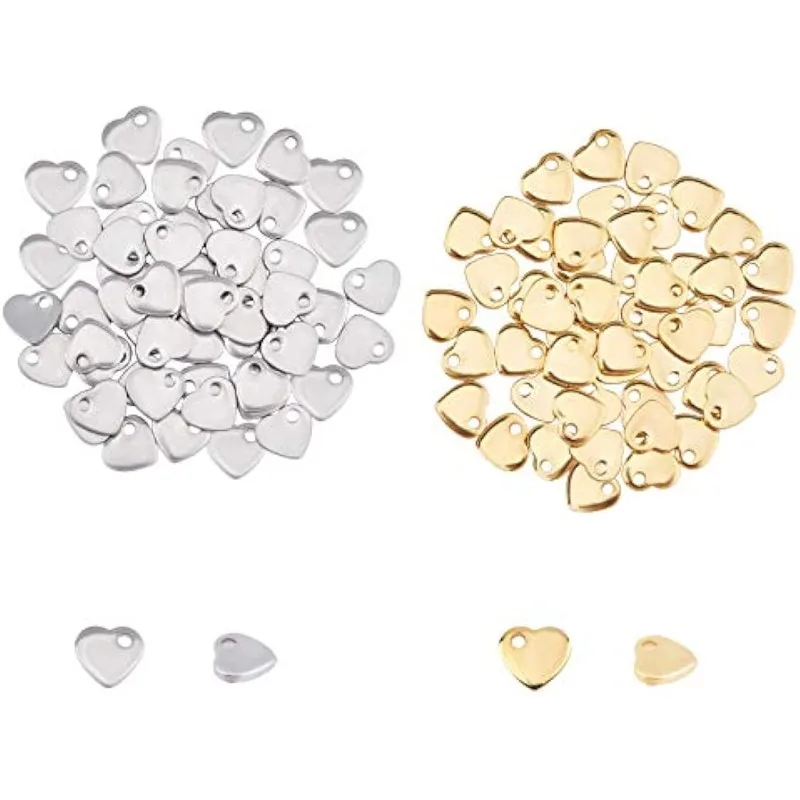 Ungefähr 100 Stück, 2 Farben, flacher Herz-Charm, winziger Liebesanhänger, Edelstahl-Charm, hypoallergener Metall-Charm, 1 mm kleines Loch