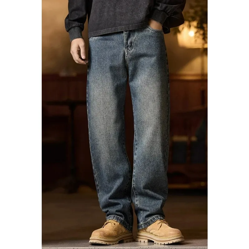 

2026 Cargo Men Elastic Waist Jeans Relaxed Fit Men's Blue Jeans Elastic Waist Zipper Button Cotton Y2K Koran Fashion Denim Pants