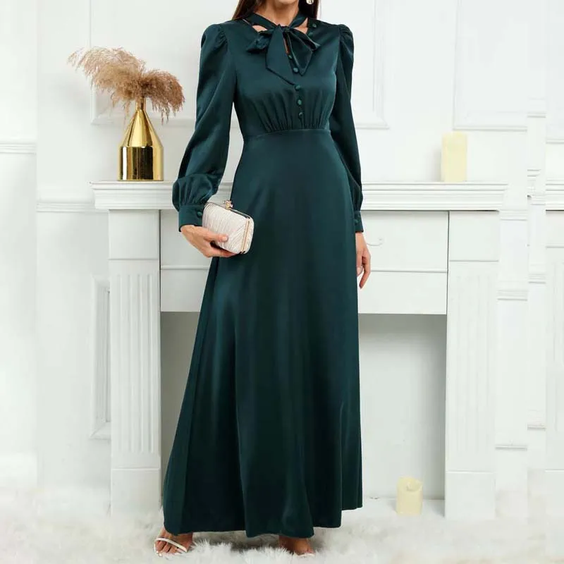 Women Fashion Satin Long Dress Bowtie Chic Elegant Evening Dresses Muslim Lady Abaya Turkey Dubai Morocco Kaftan Arab Green Robe