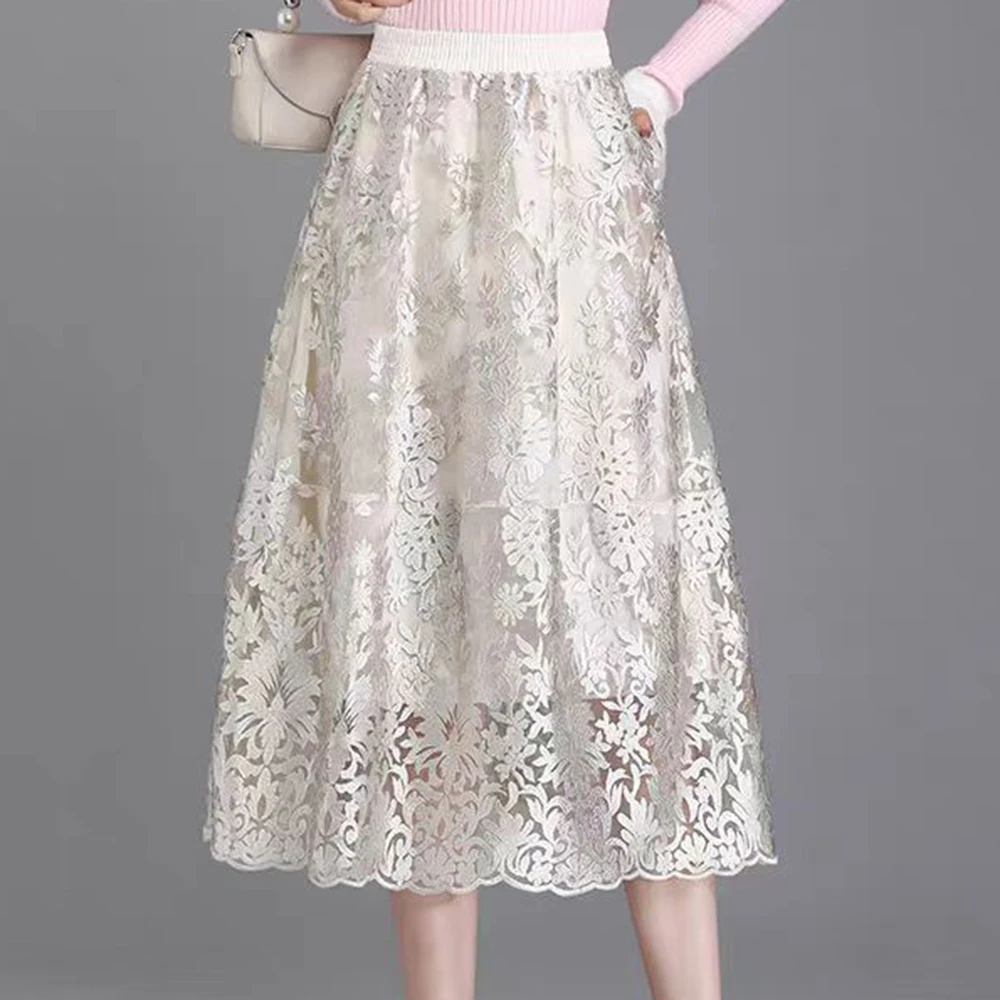 

Hollow half-body gauze skirt women's 2026 new summer medium and long lantern skirt, covering lace a-shaped bud skirt