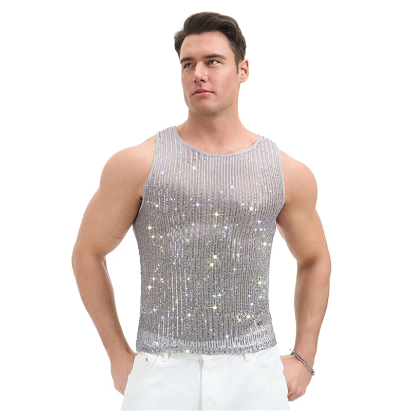 Herren-Netz-Strass-Y2K-Tanktop, durchsichtig, glitzernd, Party-T-Shirt, Nachtclub, Musikfestival, Bühnenkostüm – Detail 1