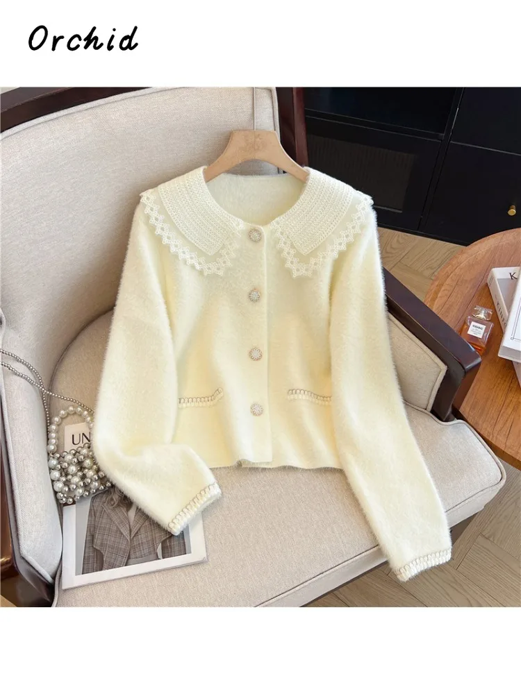 

Luxury Sweet Knitting Long Sleeve O-Neck Cardigans 2025 Winter Women's Chic Single Breasted Lace Patchwork Elegant Sweater