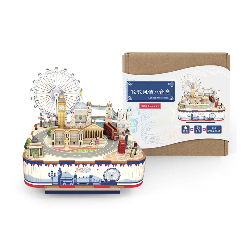 3D London-Landschaft Spieluhr für Erwachsene, DIY-Spielzeug-Bausatz, Rotierendes Riesenrad, Touristenbus, Brücke, Bausteine, Geburtstagsgeschenk